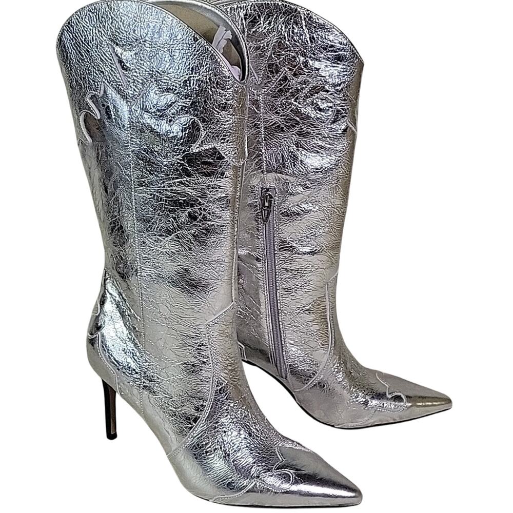 Dolce Vita Kasedy Silver Distressed Leather Pointed Toe Boots Womens Size 8 NEW